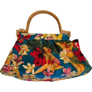 Vintage Mystique Hawaiian Tropical Cloth Beaded Purse Wood Handles Palm Trees